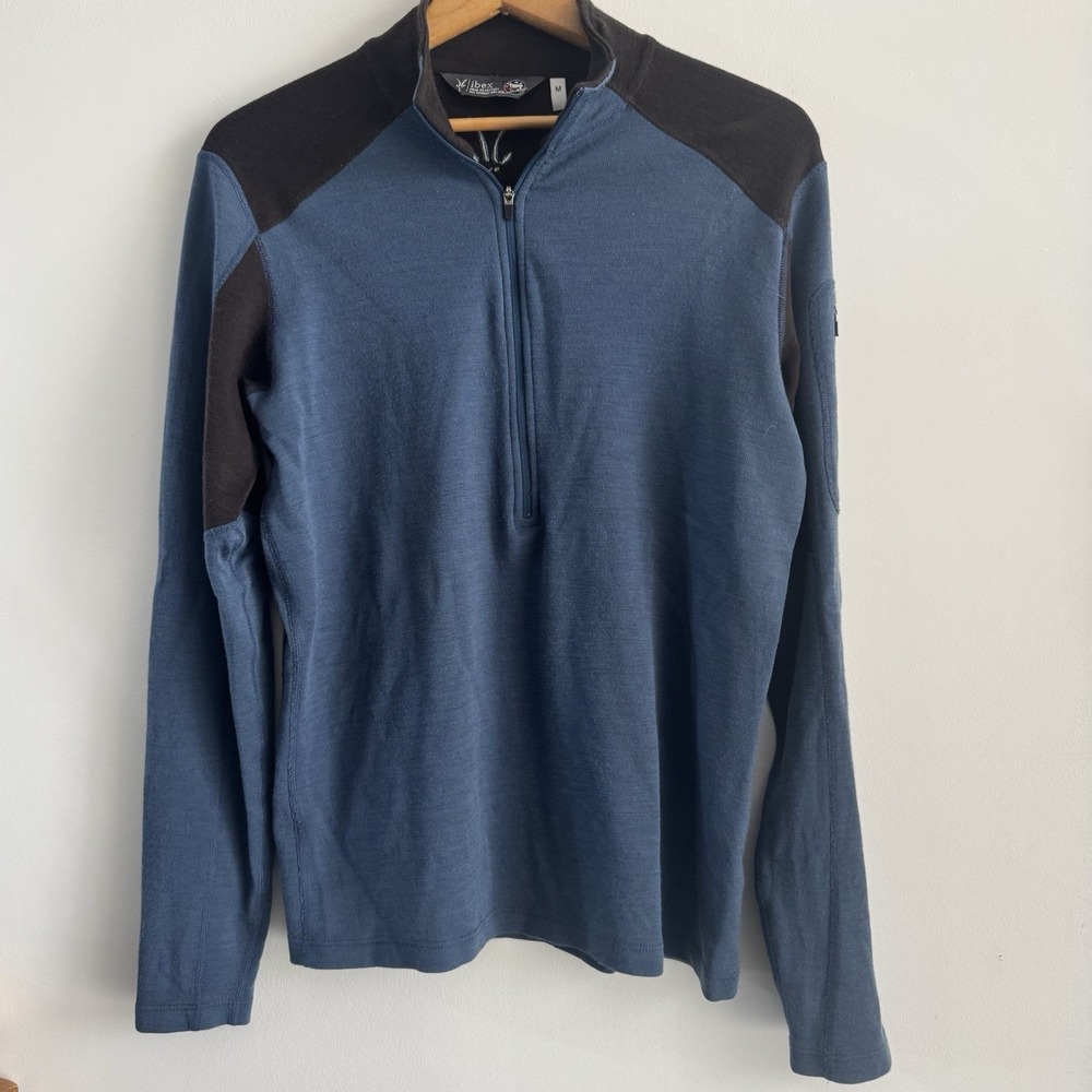 Ibex Blue Black Wool 1/4 Zip Pullover‎ Fleece Jacket Men's Medium Made in USA